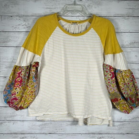 Umgee Cotton Yellow Stripe With Contrast Balloon Sleeves T-shirt Top L - Picture 2 of 8